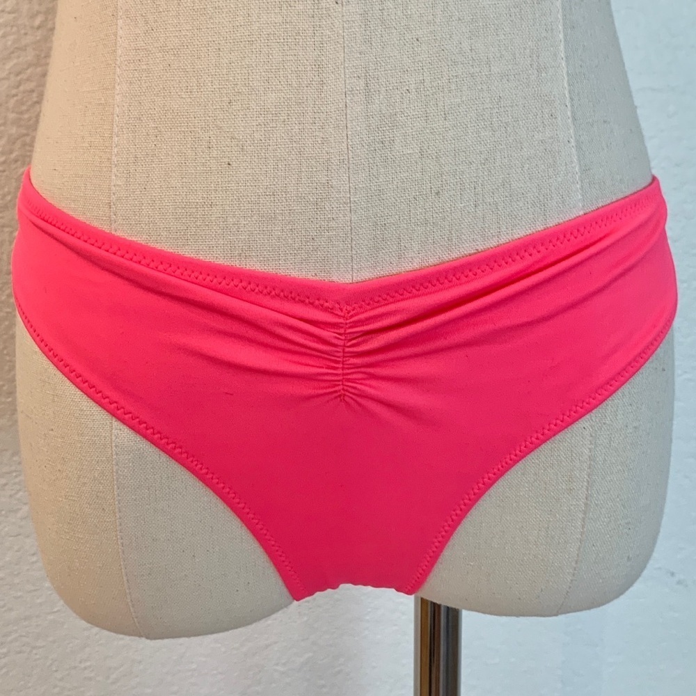 💗 NWOT VS PINK Neon Pink High Waisted Ruched Cheeky Swim Swimsuit Bottoms